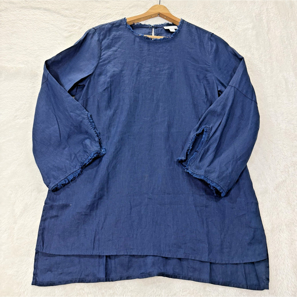 J Jill Love Linen Blue Size Small Raw Fringe Hem Tunic 100% Linen Natural Fibers